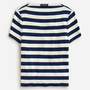 NWT J. Crew Fine Rib Fitted Boat Neck Navy and White Striped Short-Sleeve Top